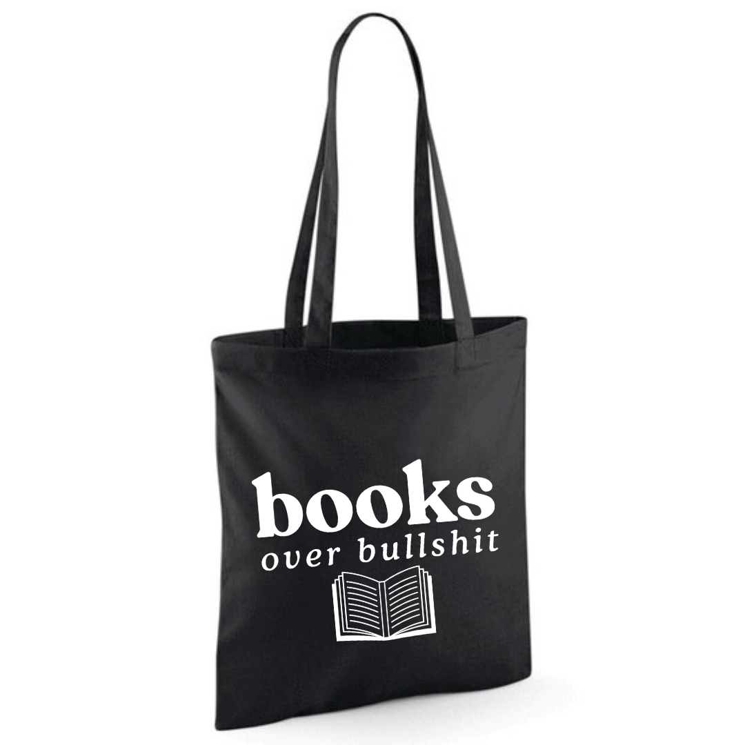 "Books over Bullshit" Open Book Cotton Tote Shopper - lots of colours