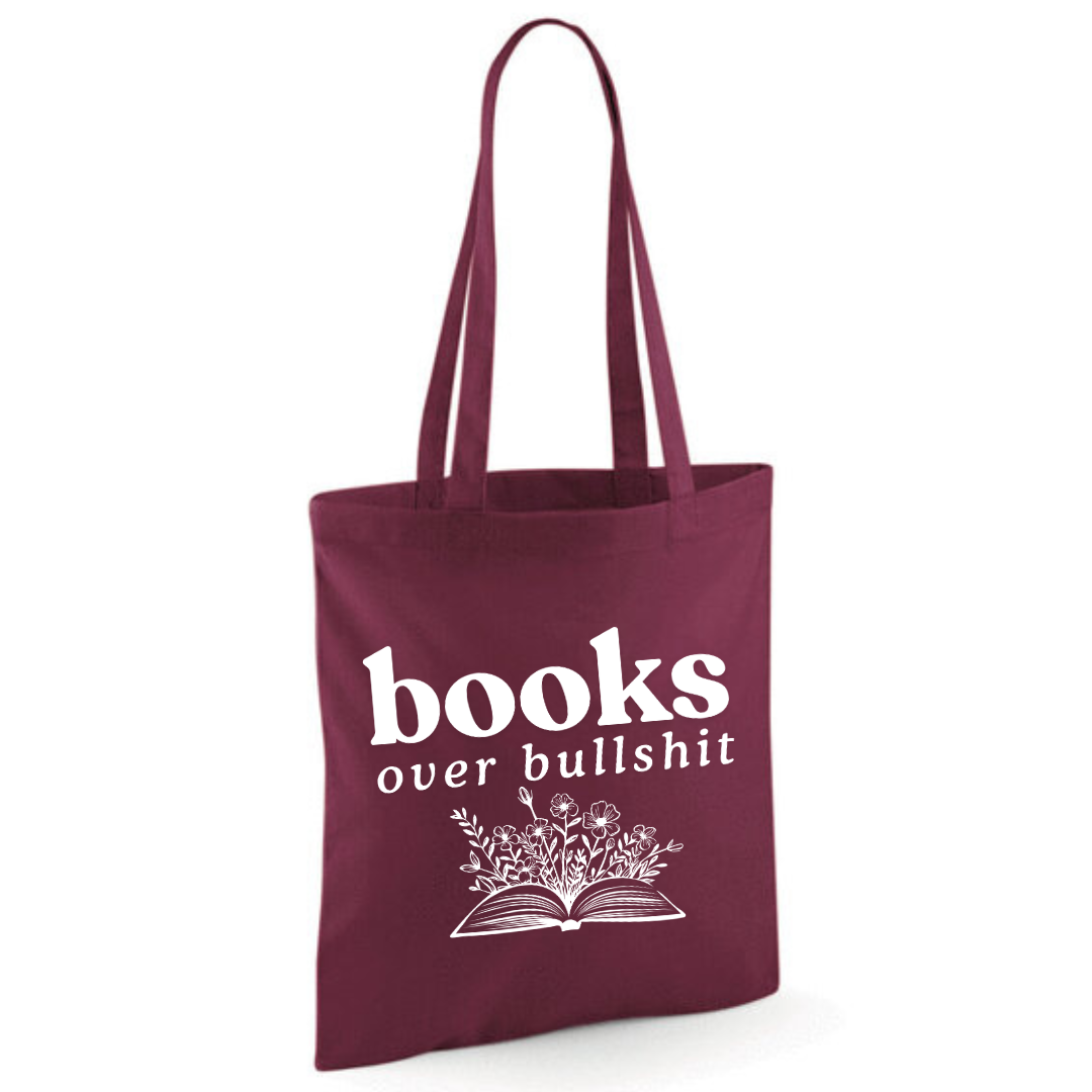 "Books over Bullshit" Floral Book Cotton Tote Shopper - lots of colours