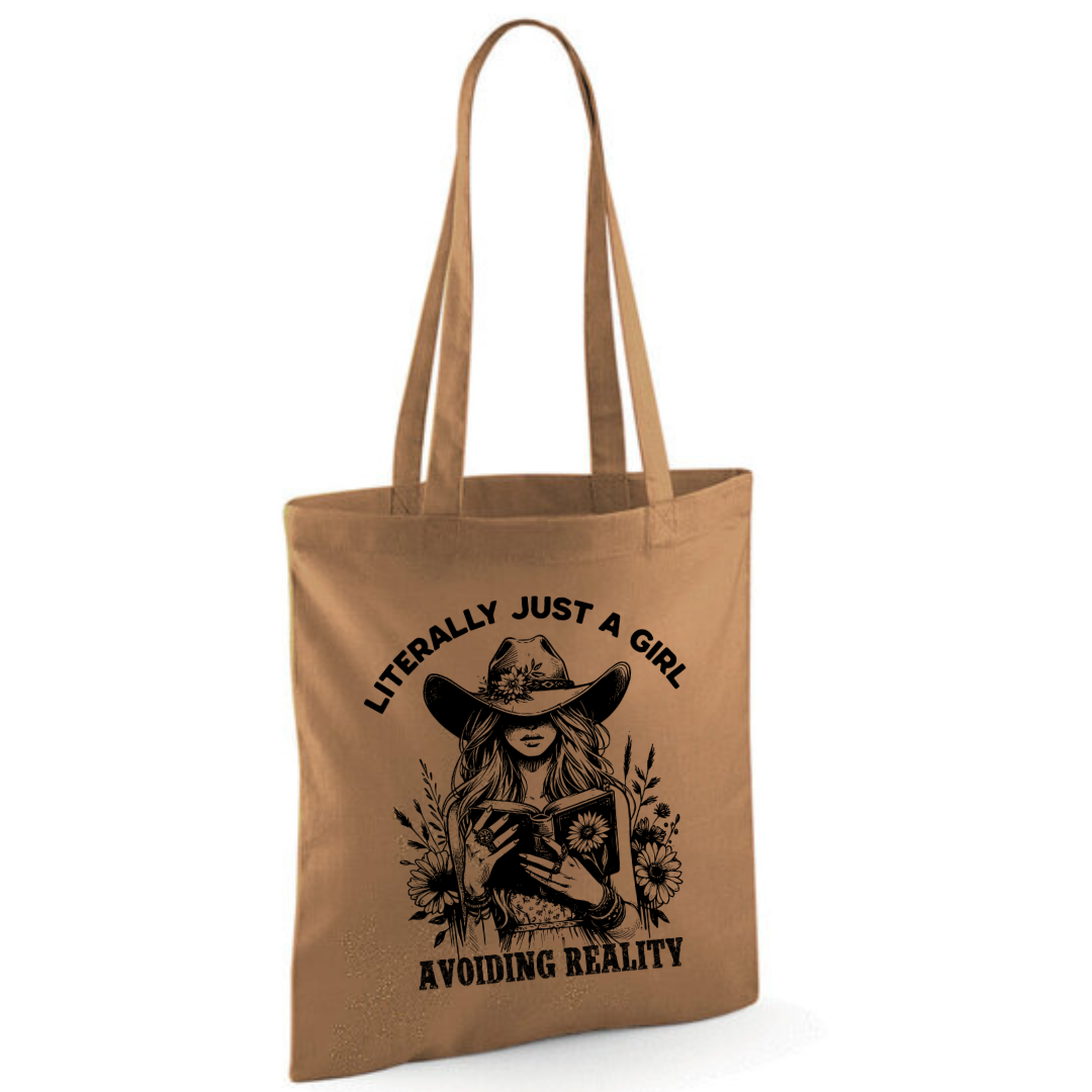 "Literally Just A Girl Avoiding Reality" Cowgirl Cotton Tote Shopper - lots of colours