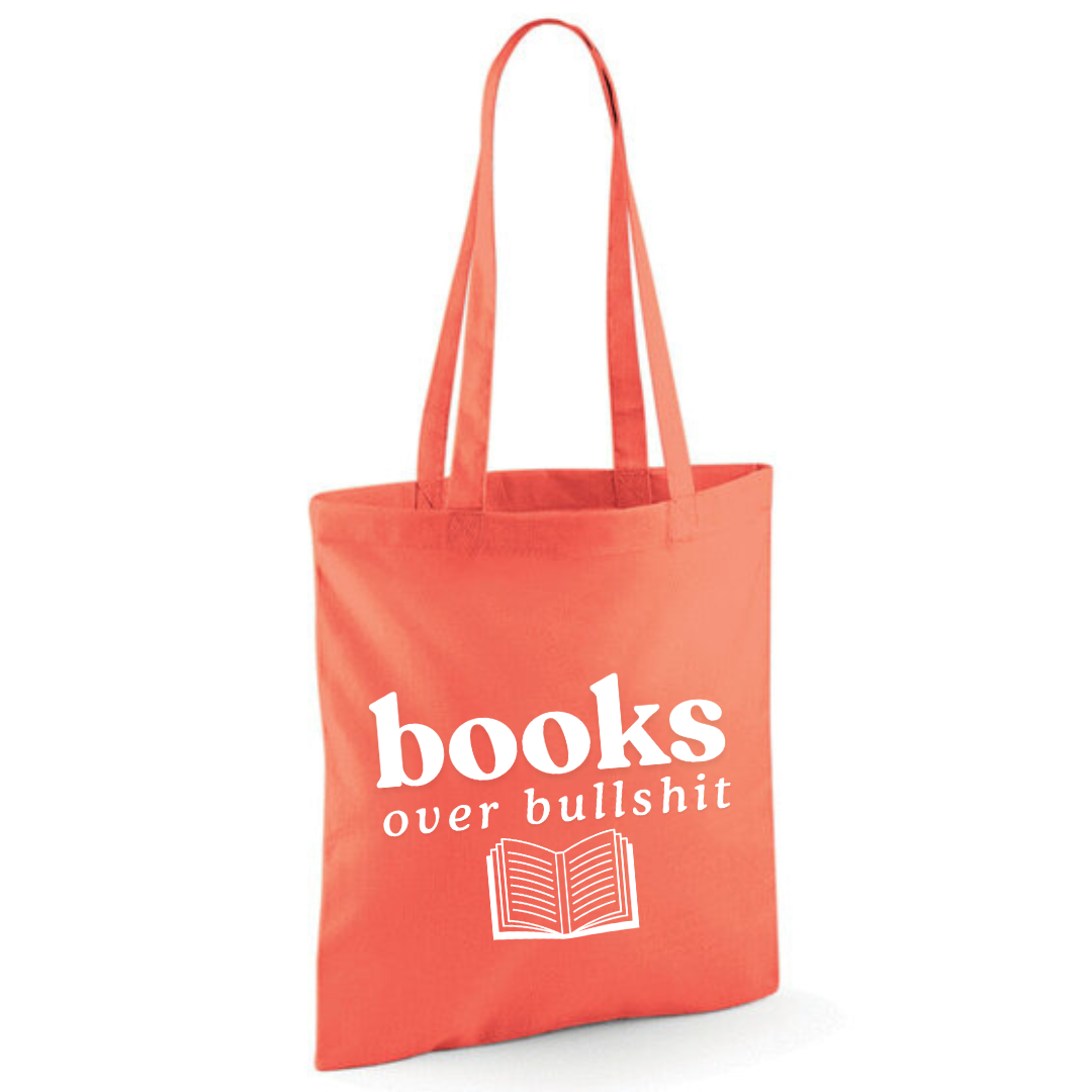 "Books over Bullshit" Open Book Cotton Tote Shopper - lots of colours