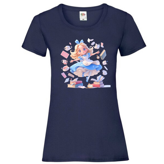 Alice with Flying Books Ladies Fit Tee - lots of colours