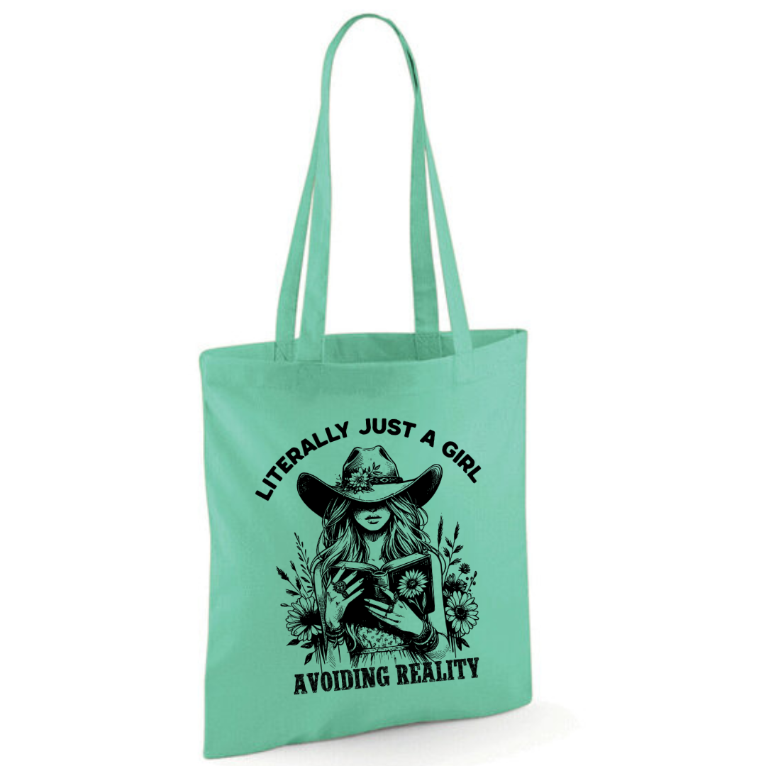 "Literally Just A Girl Avoiding Reality" Cowgirl Cotton Tote Shopper - lots of colours