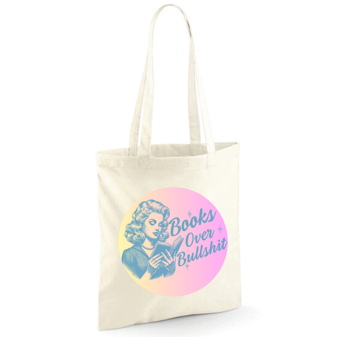 "Books Over Bullshit" Retro Woman Cotton Tote Shopper - Lots of Colours