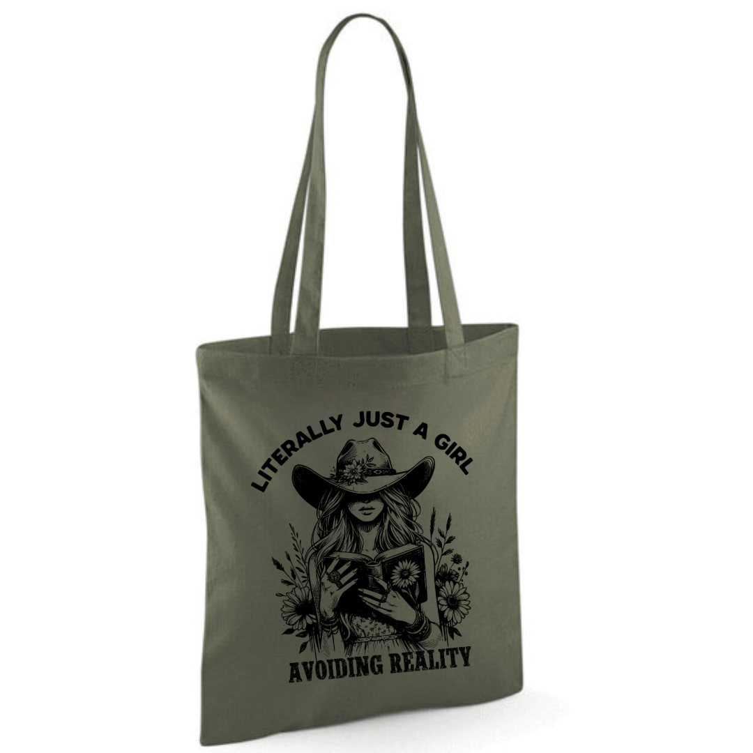 "Literally Just A Girl Avoiding Reality" Cowgirl Cotton Tote Shopper - lots of colours