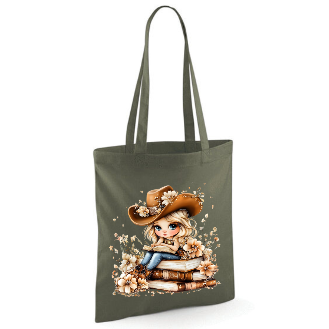 Blonde Cowgirl Reading Cotton Tote Shopper - lots of colours