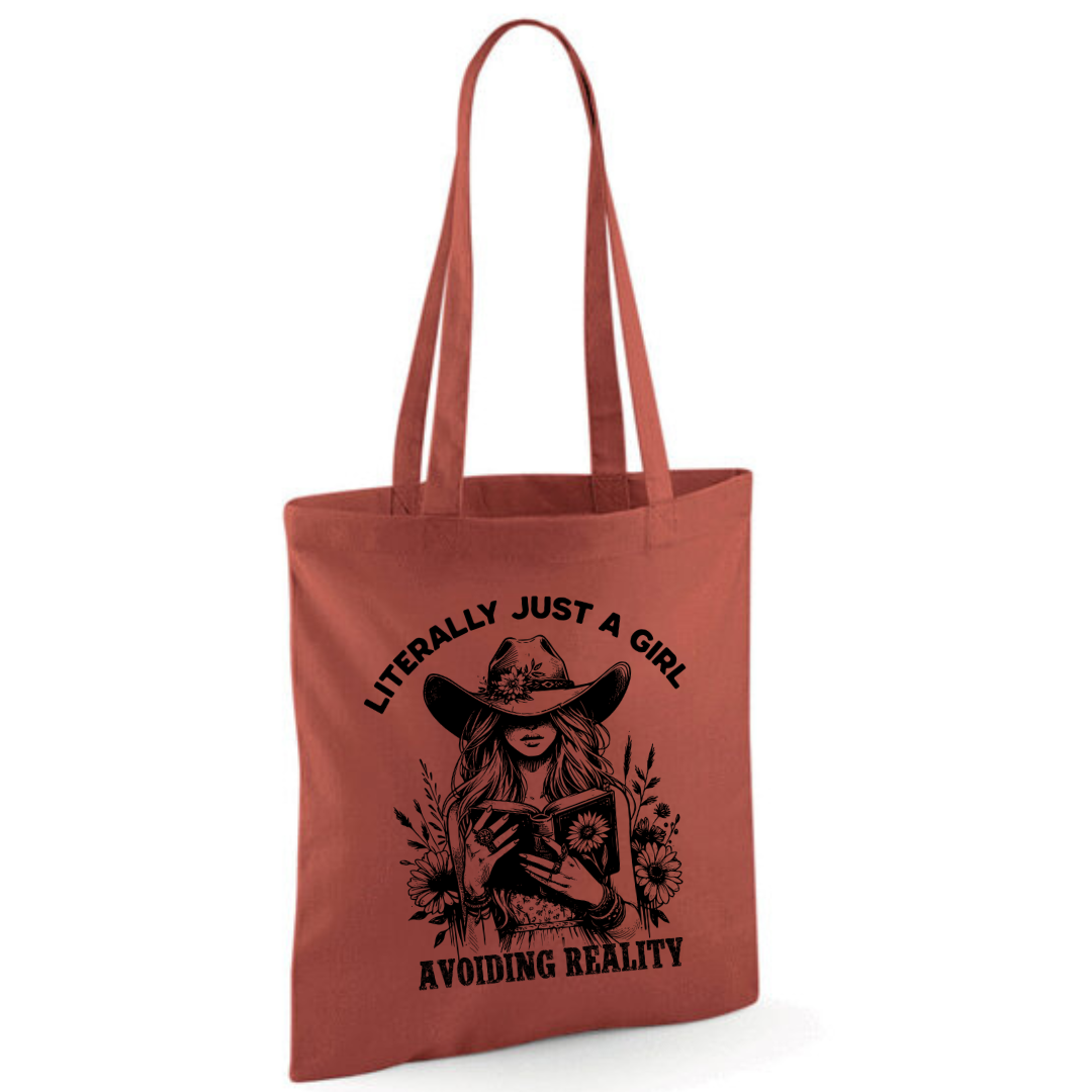"Literally Just A Girl Avoiding Reality" Cowgirl Cotton Tote Shopper - lots of colours