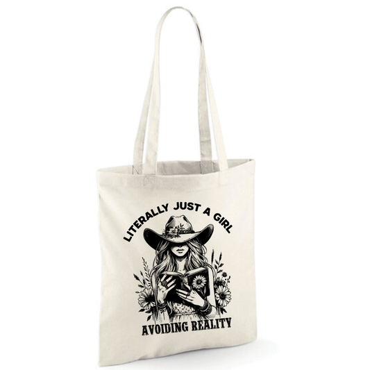 "Literally Just A Girl Avoiding Reality" Cowgirl Cotton Tote Shopper - lots of colours