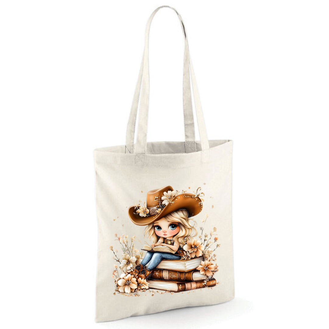 Blonde Cowgirl Reading Cotton Tote Shopper - lots of colours