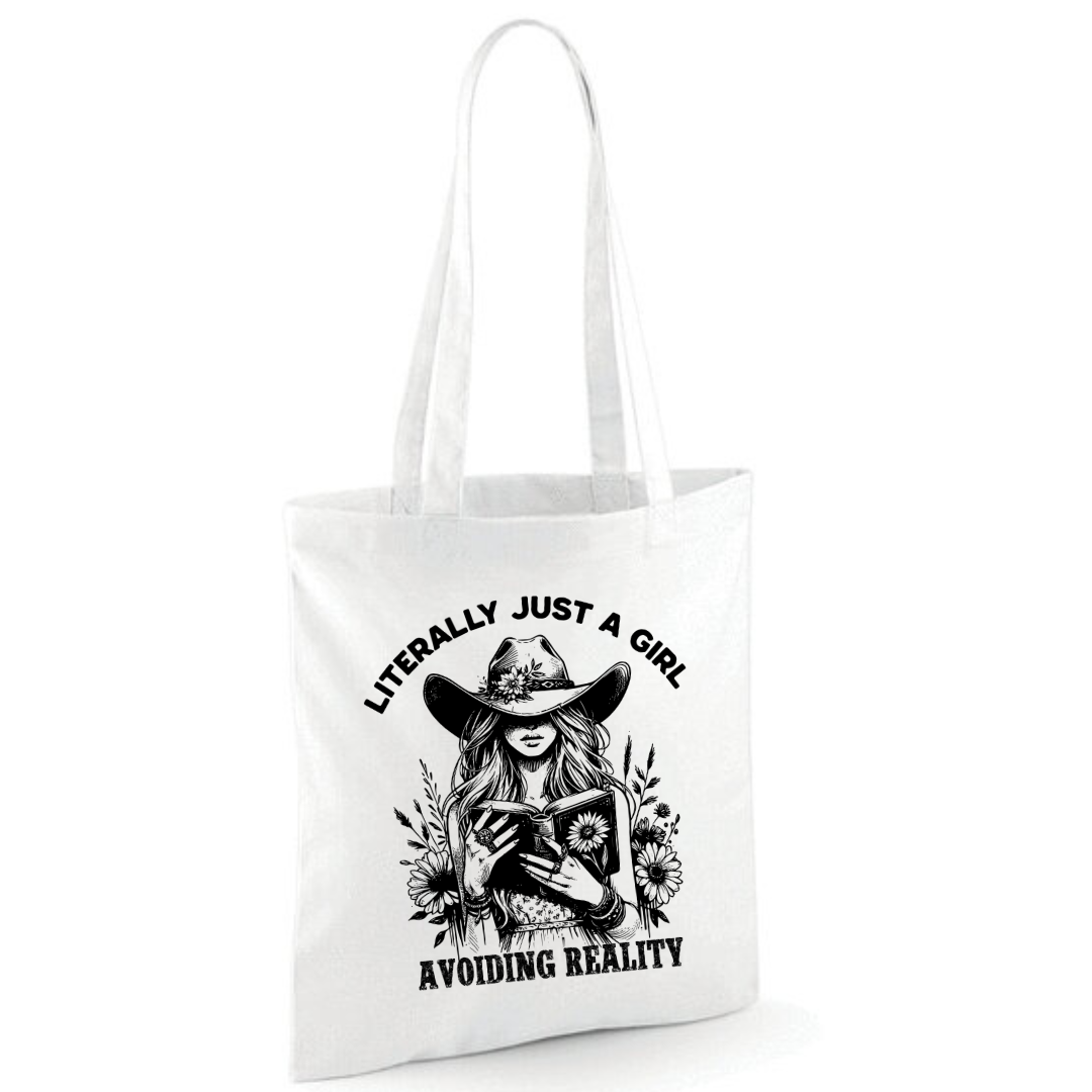 "Literally Just A Girl Avoiding Reality" Cowgirl Cotton Tote Shopper - lots of colours
